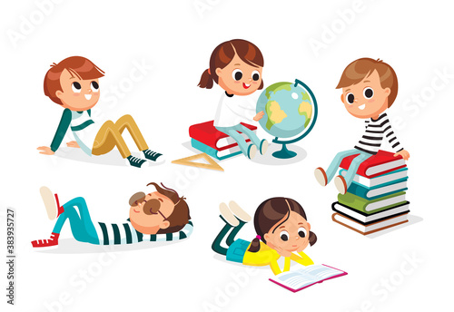 Pupils. Children scholar freshman sophomore having rest after doing study learning. School, childhood, friends. Books, globe. Vector illustration. Flat design.