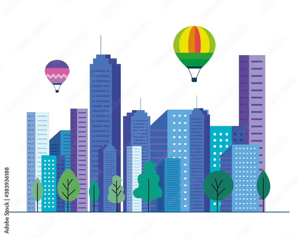 City buildings with hot air balloons and trees design, architecture and urban theme Vector illustration