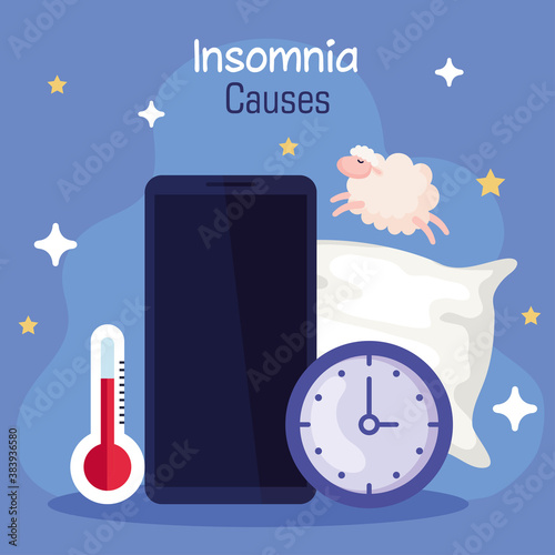 insomnia causes smartphone thermometer and clock design, sleep and night theme Vector illustration