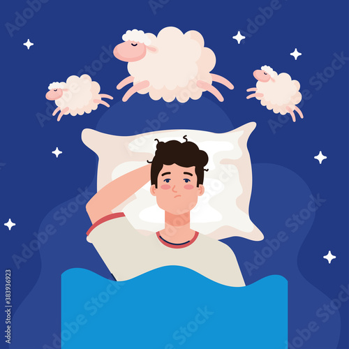 insomnia man on bed with pillow and sheeps design, sleep and night theme Vector illustration