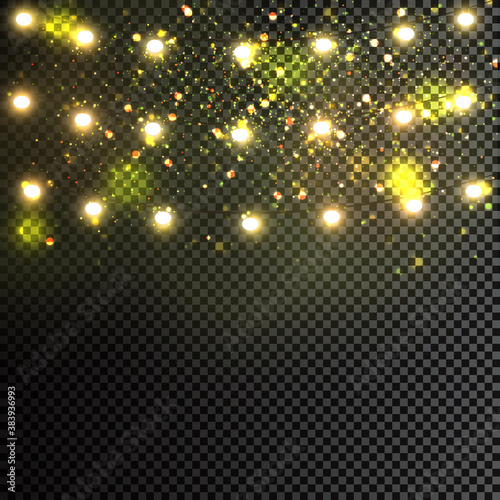 Christmas lights isolated realistic design elements. Glowing lights for Xmas Holiday greeting card design. Garlands  Christmas decorations. 