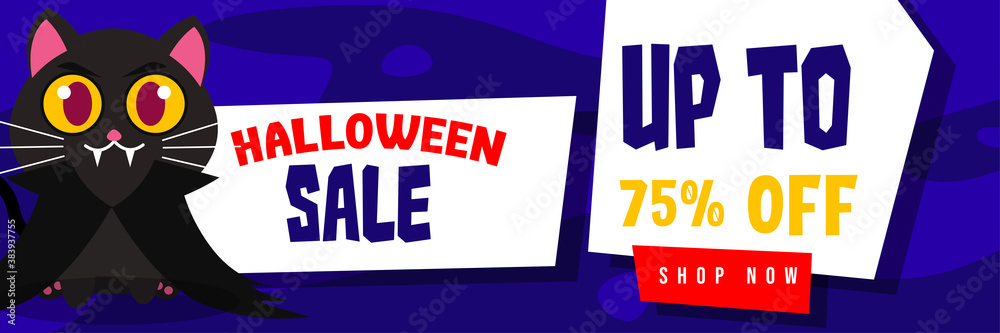 Obraz premium Halloween Event Sale Banner Discount Up To 75% With Cute Vampire Black Cat Background Flat Design