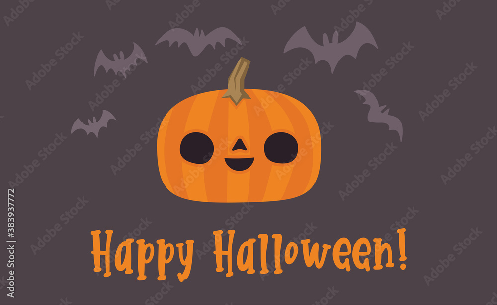 Happy Halloween design. Cute pumpkin with carved smile face, spooky season. Funny illustration. Trick or treat decoration.