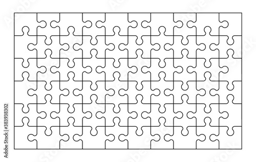 Set of sixty jigsaw puzzle pieces. Puzzle with different types of details and the ability to move each part. Black and white vector illustration isolated on white background.
