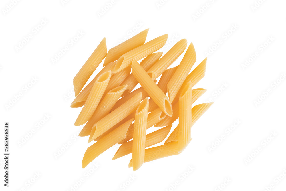 Raw organic penne rigate pasta. Heap of traditional Italian penne pasta isolated on a white background. Italian Cuisine. Beautiful uncooked dried penne. Top view. Copy space. Raw organic penne rigate pasta. Heap of traditional Italian penne pasta isolated on a white background. Italian Cuisine. Beautiful uncooked dried penne. Top view. Copy space.