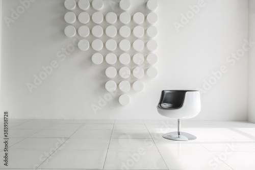 modern futuristic contemporary interior in extra white color with stylish chair and decorative wall