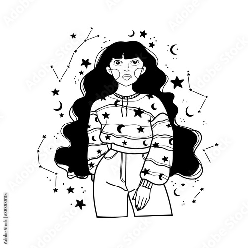 Magic night fairy with stars. Hand drawn portrait of a beautiful shaman woman. Alchemy, religion, spirituality, occultism, tattoo art. Isolated vector illustration. Coloring book page for adults.