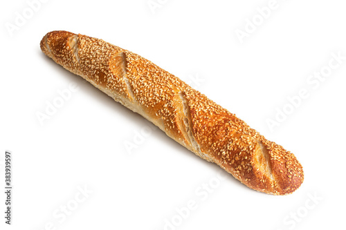 French baguette sprinkled with sesame seeds on a white background