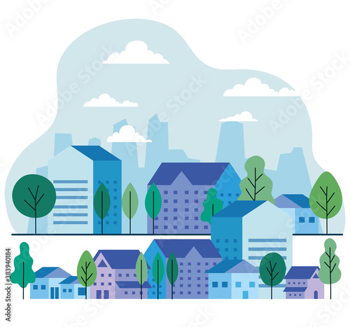 City houses with trees and clouds design, architecture and urban theme Vector illustration