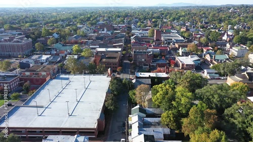 Beautiful aerial views of Winchester, VA walking mall and old town with Appalachian and Shenandoah mountains in the distance. photo