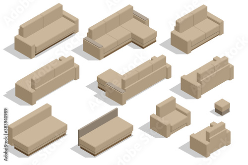 Isometric set of modern fabric sofa furniture isolated on white background.