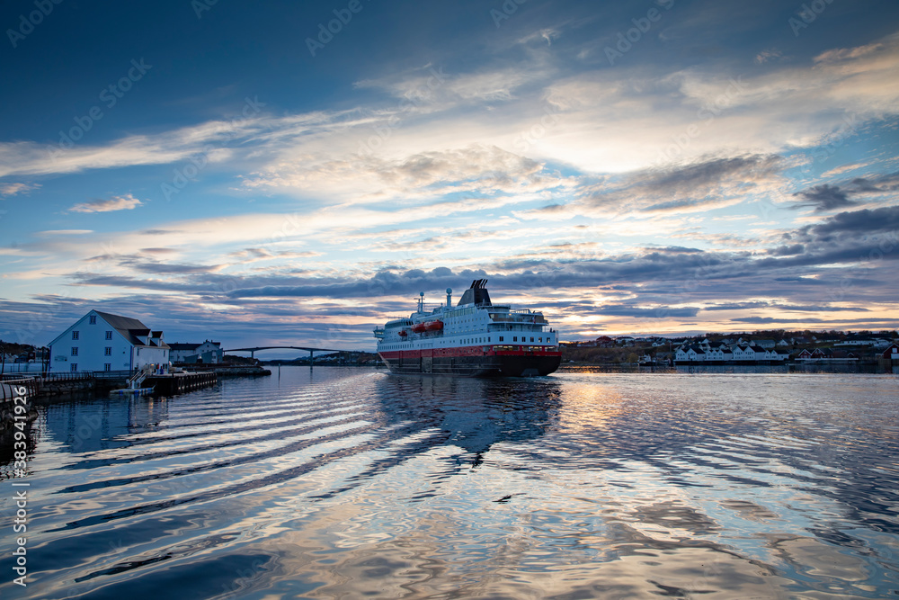 Coastal ships depart from Bronnoysund harbor in Northern Norway	