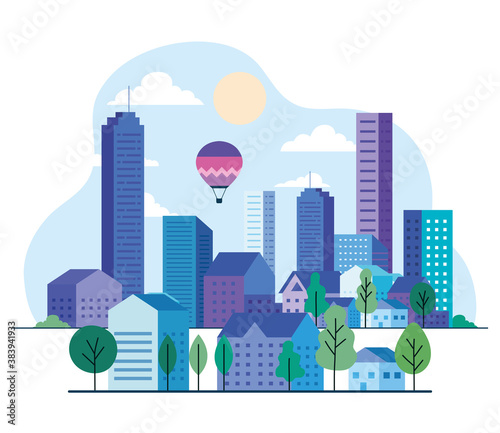 City landscape with buildings houses hot air balloons trees sun and clouds design, architecture and urban theme Vector illustration
