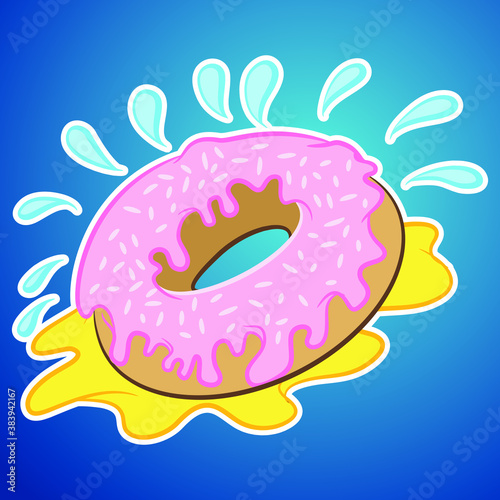 vector illustration donut with pink icing and coconut sprinkles in cartoon style with gradient background