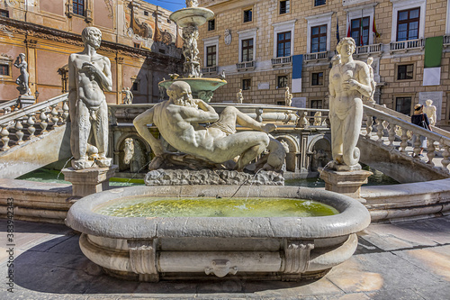 Monumental Palermo Praetorian Fountain (Fontana Pretoria, 1574) in centre of Piazza Pretoria. Praetorian Fountain - Palermo's major landmarks, depicted ancient Greek Mythology. Palermo, Sicily, Italy.