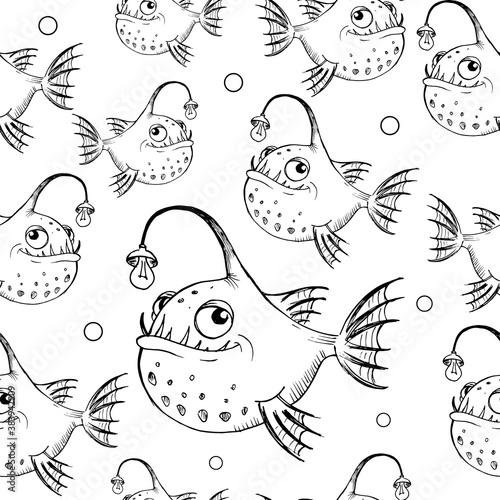 Funny fish pattern. Hand drawn fishes with flashlights in a cartoon style on white background. Vector seamless backdrop. Black and white.