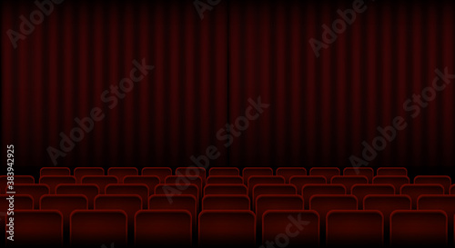 Interior of a cinema or theater with red seats and a curtain. Stock vector illustration.