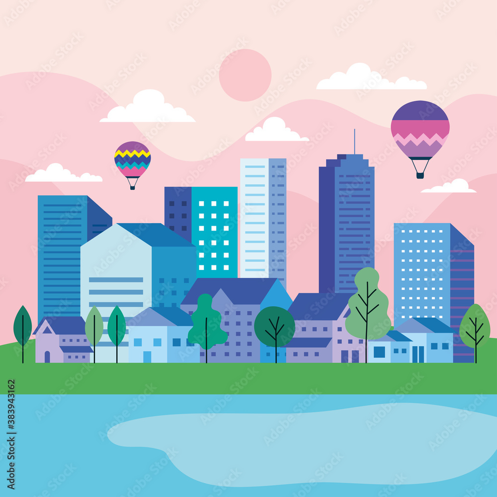 City landscape with buildings houses hot air balloons trees sun and clouds design, architecture and urban theme Vector illustration