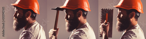 Photography Builder in helmet, hammer, handyman, builders in hardhat