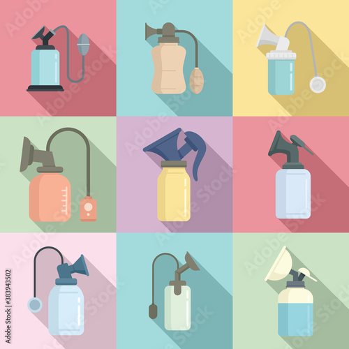 Breast pump icons set. Flat set of breast pump vector icons for web design