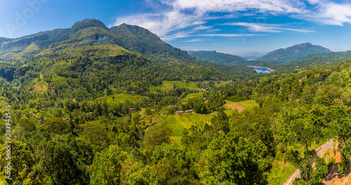 A panorama view of the mountains and the Kothmale reservoir in the uplands of Sri Lanka, Asia