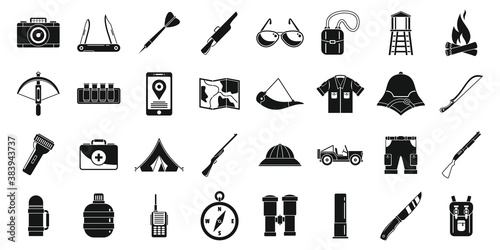 Africa safari equipment icons set. Simple set of africa safari equipment vector icons for web design on white background