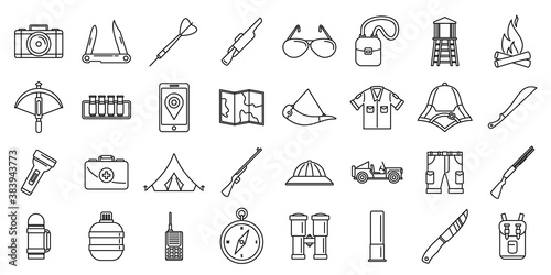 Hunting safari equipment icons set. Outline set of hunting safari equipment vector icons for web design isolated on white background
