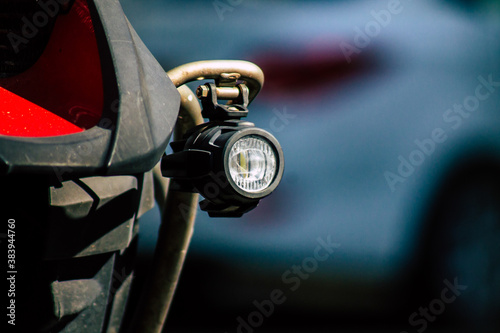 Closeup of a motorcycle parked in the streets of the city center of the metropolitan area 