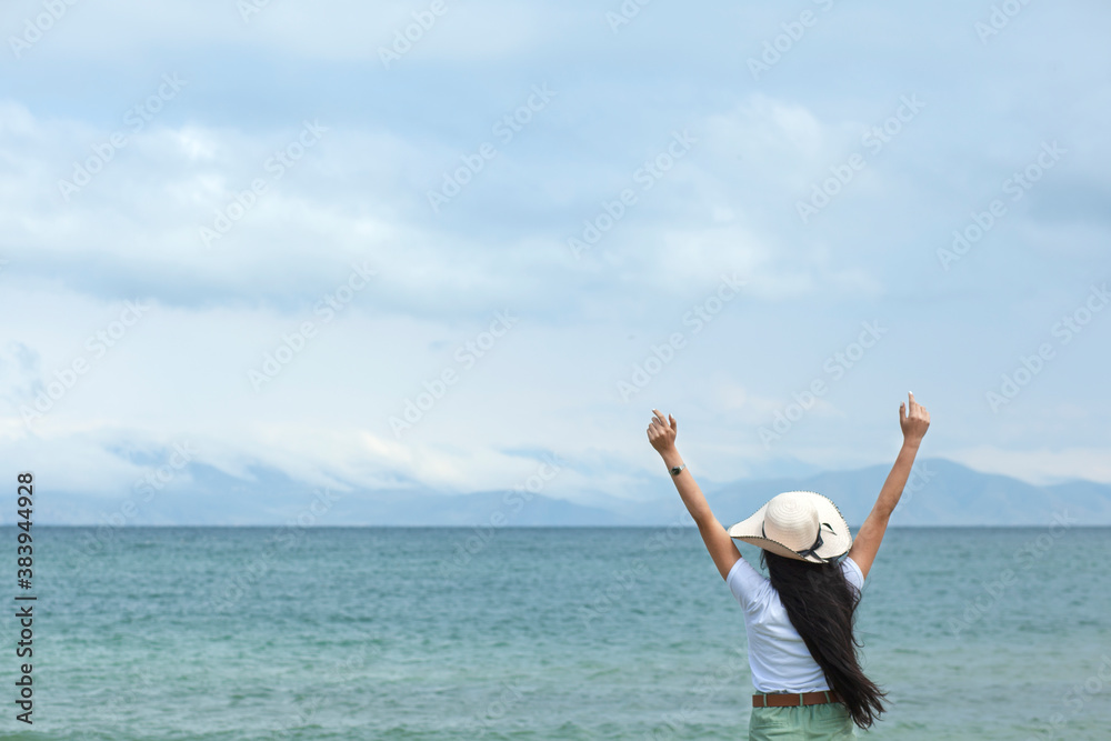 happy woman in sea background happy woman in sea background
