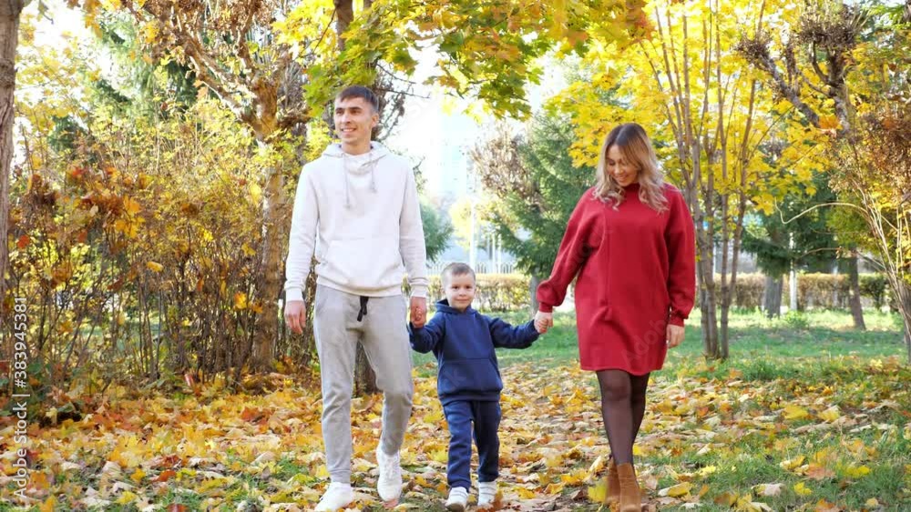 Cheerful young family of mommy daddy and cute little son, walk joining hands along path covered with leaves in sunny autumn city park on warm day Cheerful young family of mommy daddy and cute little son, walk joining hands along path covered with leaves in sunny autumn city park on warm day