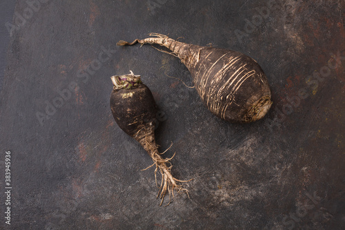 Two Raw Black Radishes on a Black Background