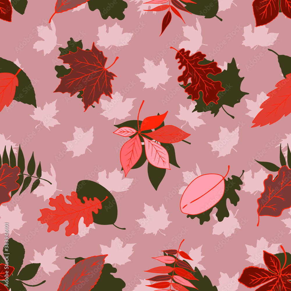 Leaves of different trees. Seamless vector pattern. Botanical background.
