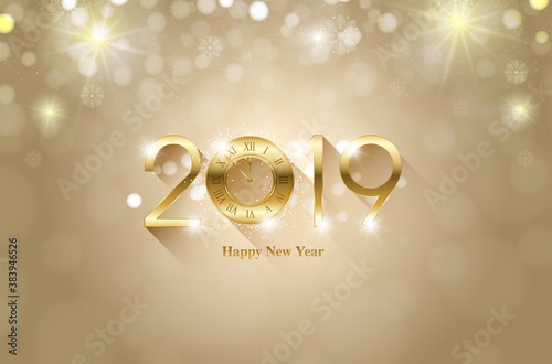 Happy new year 2019 and christmas card with gold star and glitter. vector design.