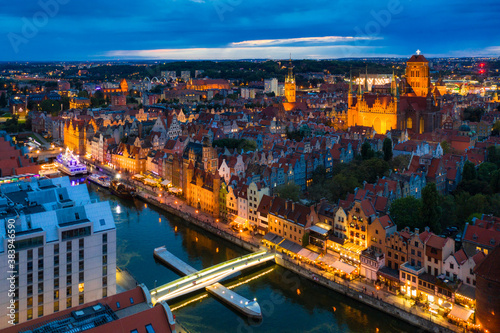 Aerial view of the Gdansk city over Motlawa river with amazing architecture at dusk, Poland