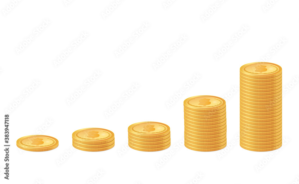 Gold coins in cash in piles. The concept of growth. Stock vector illustration on a white isolated background. Gold coins in cash in piles. The concept of growth. Stock vector illustration on a white isolated background.