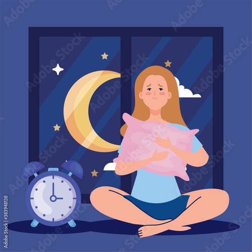 insomnia woman with pillow and clock design, sleep and night theme Vector illustration