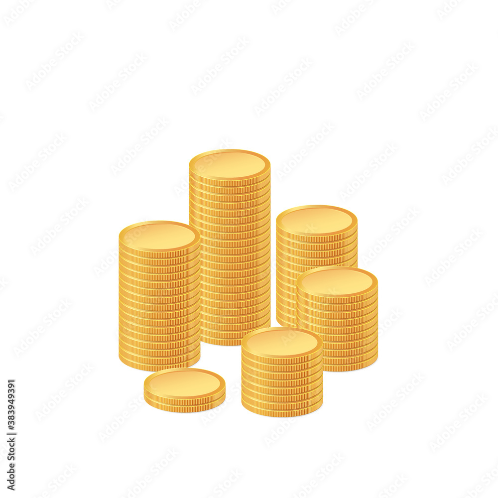 Gold coins cash money in piles. Stock vector illustration on a white isolated background. Gold coins cash money in piles. Stock vector illustration on a white isolated background.