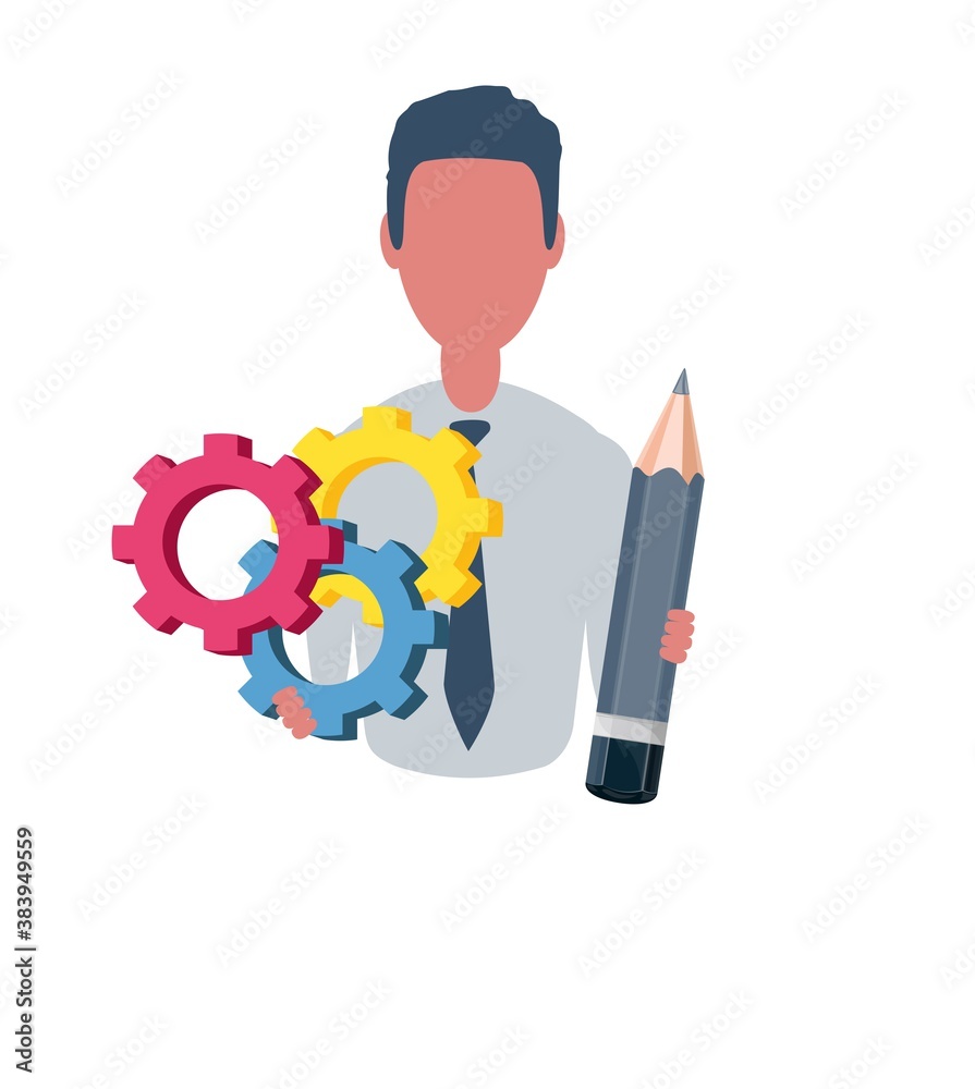 Businessman or clerk holds gears and pencil. Male character in trendy simple style with objects, flat vector illustration. Business concept. Isolated on white background. Businessman or clerk holds gears and pencil. Male character in trendy simple style with objects, flat vector illustration. Business concept. Isolated on white background.