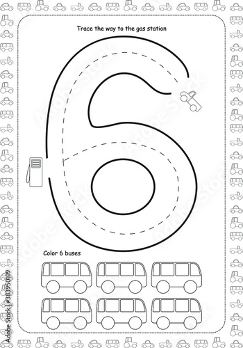 Math and logic worksheets for kids. Number recognition, counting. 6, 7, 8, 9. Play cars and learn mathematics. For kindergarden and homeschooling. For children 2 to 5. Black and white. Toddlers.
