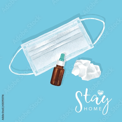 Medical collage of medical mask, nose drops and nasal napkin, 'Stay home', hand-drawn.