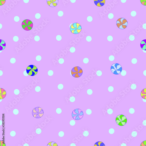 Sweets, lollipops, caramel, balls, chewing gum, polka dots. Vector seamless pattern. For birthday, children's parties, clothing fabrics, textiles, invitations, parties.