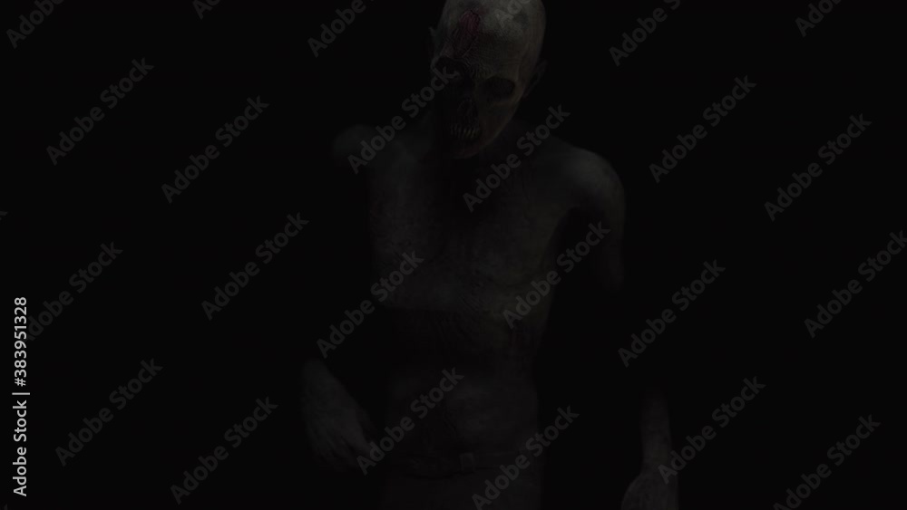 Animation of the appearance of a zombie from the darkness. Horror scene or Halloween decoration. Animation of the appearance of a zombie from the darkness. Horror scene or Halloween decoration.