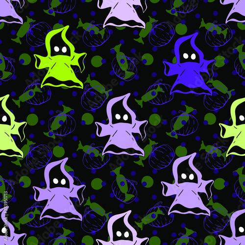 Flying ghosts in hoods. Seamless vector pattern. Magic background for Halloween.
