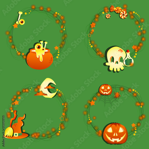 Set of Halloween signs, badges and labels design. Happy Halloween decorative elements with pumpkin, shull, bone, candy, witch. Applicable for greeting cards, invitations, posters, party flyers. 
