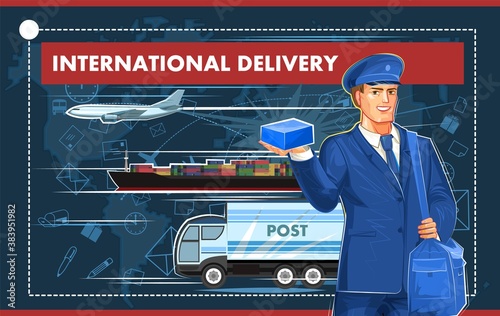 Postman. A middle-aged young man in a blue suit and tie. Banner for the post office of international parcel delivery. Box in hand. Parcel delivery. Beautiful design.	