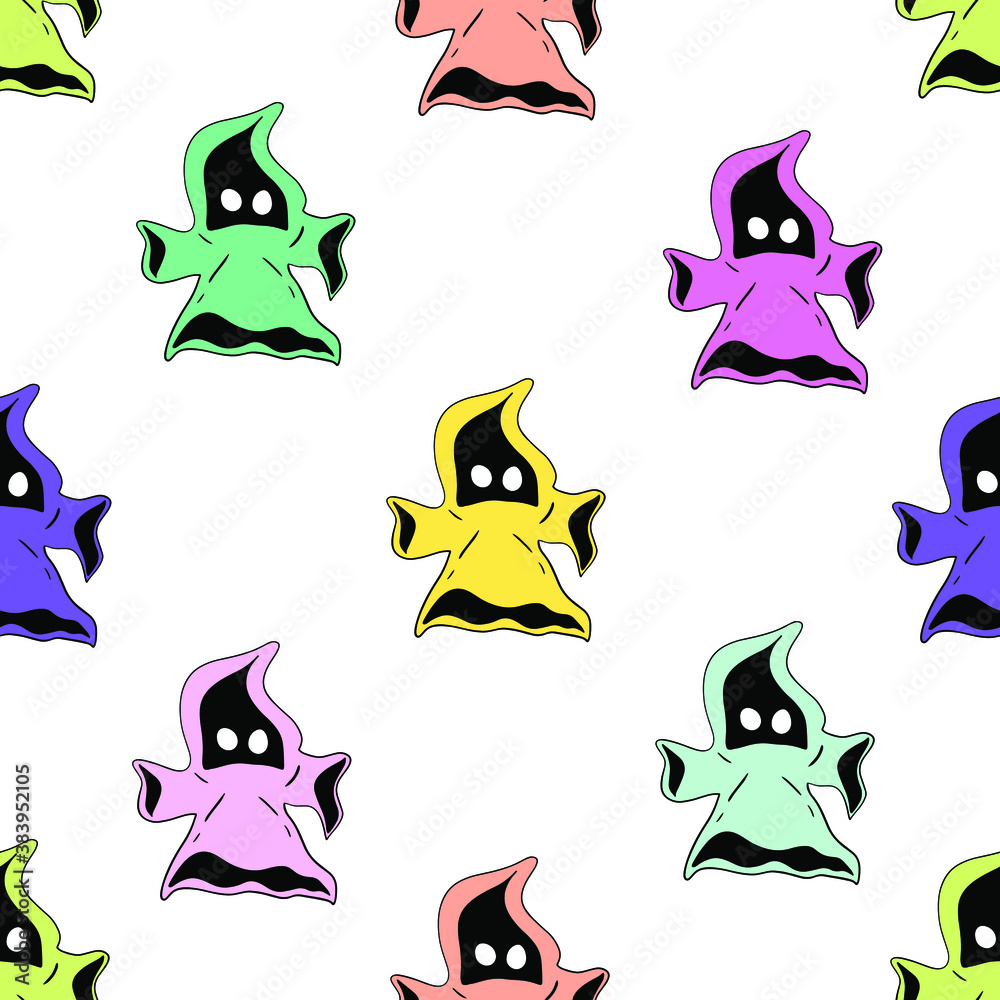 Seamless pattern for Halloween. Flying ghosts, pumpkins. Festive cheerful background.
