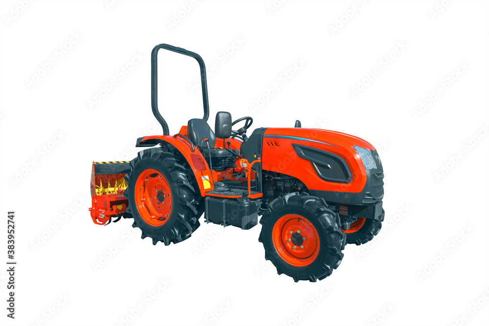A modern agricultural tractor for use in various fields of production. Isolated on white A modern agricultural tractor for use in various fields of production. Isolated on white