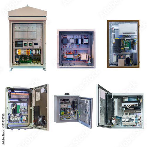 group of electrical cabinets of various designs and purposes isolated on a white background