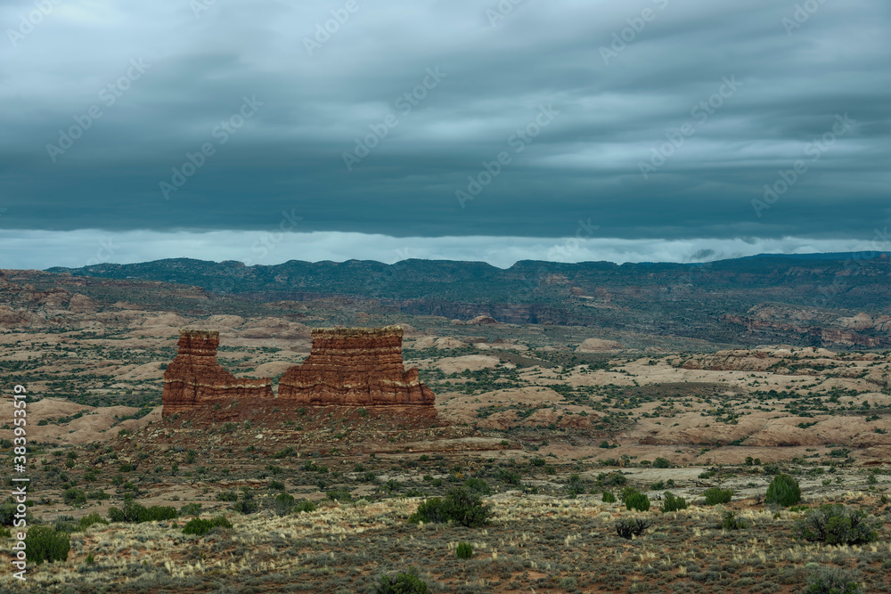 La Sal Mountains and sandstone reef, Arches National Park, Utah