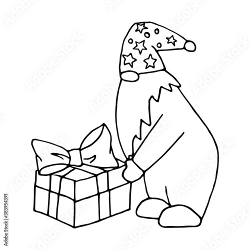 Cute gnome with a beard and a hat with stars, with a gift in his hands, isolated on a white background.